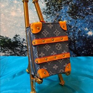 Monogram Denim Mini Trunk Bag Charm Blue & Tan accessories holder. New & Stylish